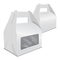 Set of realistic paper cake packaging box mock up, gift container with handle and window. Vector take away food box