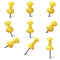 Set of realistic push pins in yellow color. Thumbtacks