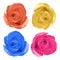 Set of realistic roses of bright yellow, orange, pink and blue colors on white background, Vector roses, decoration for your