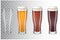 Set of realistic tall beer glasses with different main types of beer. Classic light beer, dark, red and empty glass on