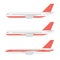 Set realistic transport aircraft or airliner with red stripes, wings and engines in flat design