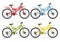 Set realistic vector colorful bicycles different colors. Red, blue, green and yellow metallic bike half-face with many multiple de