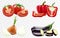 Set of realistic vegetables, tomatoes, bell peppers, onions and eggplant. Realistic 3D vector illustration isolated on transparent