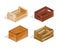 Set of realistic wooden boxes, boxes, packages, with open top.