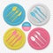 Set of realistic yellow, blue, pink and white plastic dishes