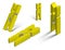 Set of realistic yellow clothespins in different positions. Care and washing of clothes. 3d vector on white background