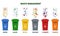 Set of recycling garbage containers. Waste bins in flat style vector. Separation of trash and waste management