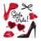 Set of red and black elements - high heeled shoes, heart shaped glasses, glossy lips, ribbon bow vector illustration.