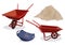 Set of red cement cart, blue clam-shell shaped basket and pile of sand