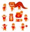 Set of red Chinese tigers in New Year\\\'s costumes with lanterns and dragons in cartoon style