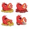 Set of red dragon guarding his treasures and golden coins isolated on a white background. Vector cartoon close-up