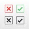 Set of red green black square icon check mark icon on transparent background. Approve and cancel symbol for design