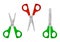 Set of red and green scissors. Icons for open and closed scissors.