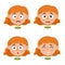 Set of red-haired girl scared face expression isolated on white