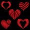 Set red heart embroidery stitches imitation on the black background