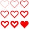 Set red hearts with different stroke thickness, vector icon logo thin and thick hearts sign love symbol for Valentines