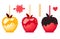 Set Red and orange Apple with chocolate Sweet candy on sticks. Autumn dessert. Vector illustration on white background.