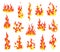 Set of red and orange fire flame. Flames of different shapes. Fireball set, flaming symbols. Idea of energy and power