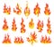 Set of red and orange fire flame. Flames of different shapes. Fireball set, flaming symbols. Idea of energy and power
