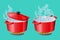 Set red pans with boiling water, opened and closed pan lid