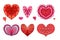 Set of red and pink doodle hearts decorated boho patterns