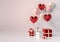 Set of red and pink glossy 3d realistic balloons in heart shape with stick. Valentine`s Day or wedding day romantic background