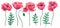 Set of red poppies with leaves. Colorful flowers. Watercolor hand drawn illustration isolated on white background.