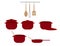 Set of Red Pots, Pans and Brown Kitchen Utensils on White Background