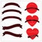 Set of red ribbons, hearts and logos in vintage retro style. for valentines, postcards or Ribbons, Labels, Tags.