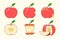 Set of red ripe apple collections whole and bitten on white background