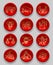 Set of red round icons with gold linear zodiacal signs