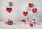 Set of red and silver glossy 3d realistic balloons in heart shape with stick. Valentine`s Day or wedding day romantic background