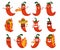 Set Of Red Spicy Chilli Pepper Characters With Different Emotions. Hot Jalapeno With Smiling Face, Burning Fire