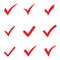 Set of red tick icons. Vector red confirm icons set on white background