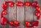 The set of red vegetables on wooden table, copy space image - tomatoes, pepper