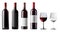 Set of red wine bottle with blank label and wine glass filled and empty on transparent cutout, PNG
