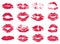 Set of red woman lipstick kiss prints, vector