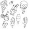 Set of refreshing drinks, ice cream and popsicles, vector set of doodle elements with black outline