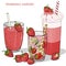 Set of refreshing summer drinks from strawberries. Milkshake, strawberry Mojito, fresh drink and fresh strawberry