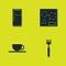 Set Refrigerator, Fork, Coffee cup and Electric stove icon. Vector