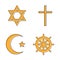 Set of religious signs: cross, crescent, wheel of Dharma, star of David. Vector illustration.