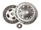 Set of replacement automotive clutch isolated on white background. Disc and clutch basket with release bearing.