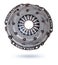 Set of replacement automotive clutch isolated on white background. Disc and clutch basket with release bearing