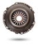 Set of replacement automotive clutch isolated on white background. Disc and clutch basket with release bearing