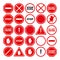 A set of restrictive and warning signs. Isolated on white background. Set of stop motion icons in flat style. Vector