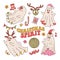 Set of Retro 70s 60s Hippie Groovy Christmas spirit Ghost characters isolated on white. Xmas White sheet spook in Santa