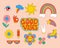 Set of Retro 70s groovy elements, cute funky hippy stickers and lettering motivational slogan of Good vibes. Vector hand