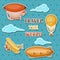 Set of retro air transport. Vintage aerostat airship, blimp and plain in cloudy sky