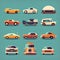 Set of retro car icons. Vector illustration in flat cartoon style.