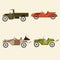 Set of retro cars, truck and sports car in comics cartoon style on beige background. Collection with vintage cars